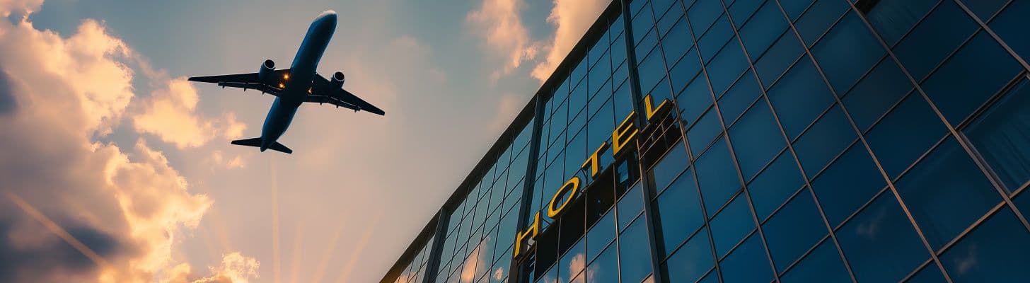 Airplane flying over hotel