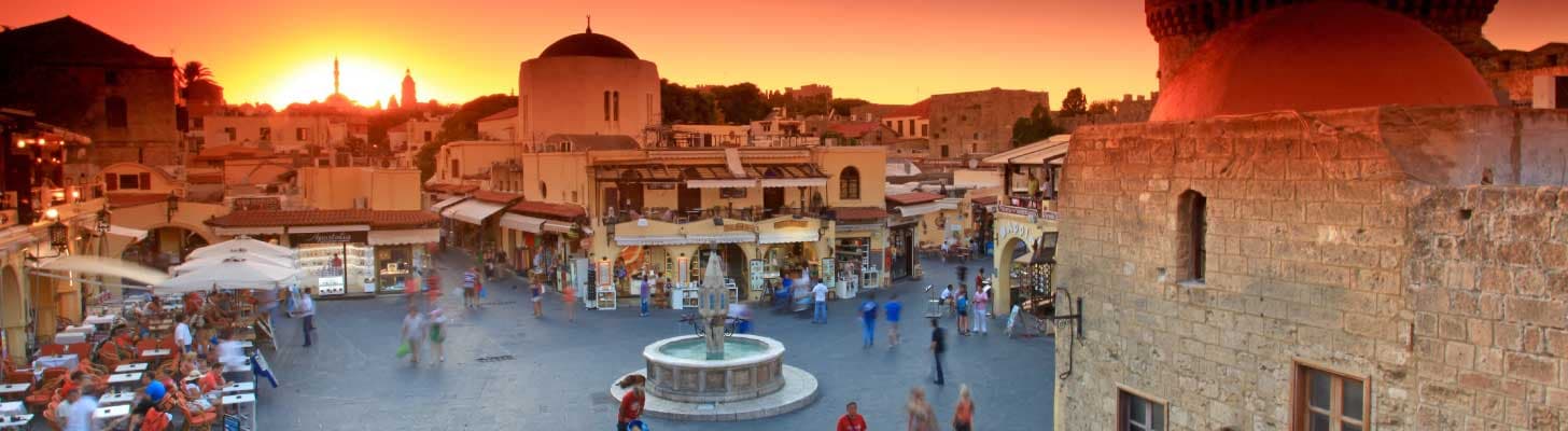 Sunset over the old town in Rhodes