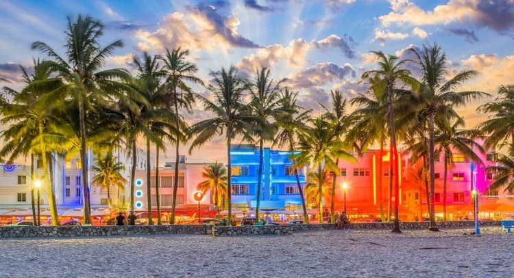 Art deco buildings all lit up in Miami