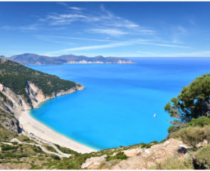 A view from the hillside at the famous Myrtos Beach on the island of Kefalonia in Greece