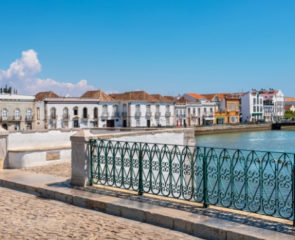 Bridge view overlooking the river in the town of Tavira, situated in Portugal's Algarve region