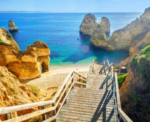 Footbridge to a rocky beach in the Portuguese town Lagos