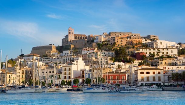 Panorama of Ibiza Town and its whitewashed houses from the Mediterranean Sea