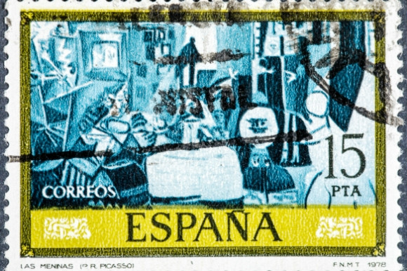 Famous blue and yellow designed Spanish stamp by the iconic Pablo Ruiz Picasso