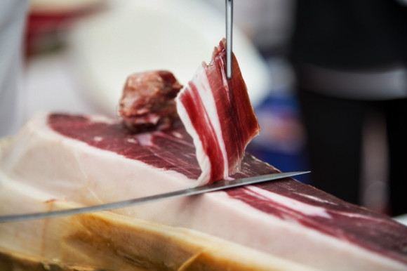 Tasty ham delicacy in Spain, a thin leg of Jamon Iberico traditionally served in tapas 