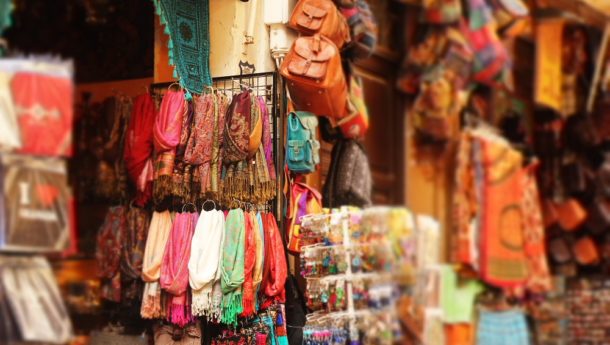 Authentic market stalls and Spanish shops filled with colourful fabrics.