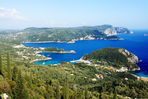 Far stretching views over Paleokastritsa's striking coastline on the island of Corfu