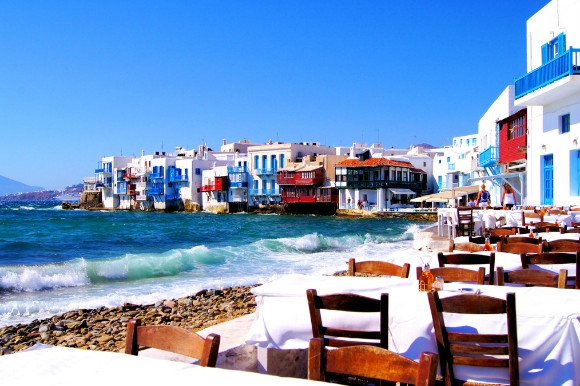 Restaurant and sea view of Little Venice in Mykonos Greece.