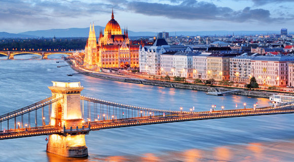 Budapest at night with chain bridge and parliament building overlooking the river side