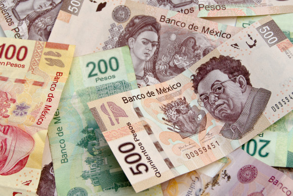 Colourful Mexican bank notes, a bundle of Mexican Peso's