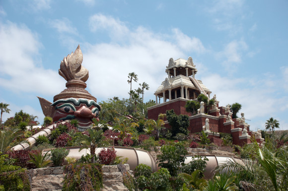 Siam Park's Thai-themed attractions on the island of Tenerife in Spain with its biggest ride Tower of Power standing high above the park