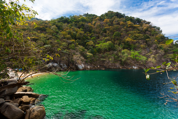 The green tranquil waters if Colomitos Beach and surrounding jungle landscape in Puerto Vallarta Mexico