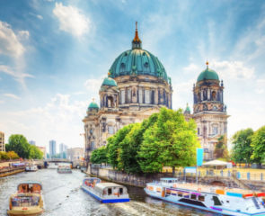 Berlin city centre and the cathedral alongside the River Spree in Germany
