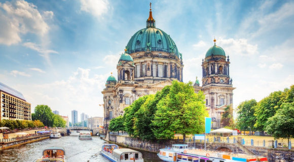 Berlin city centre and the cathedral alongside the River Spree in Germany