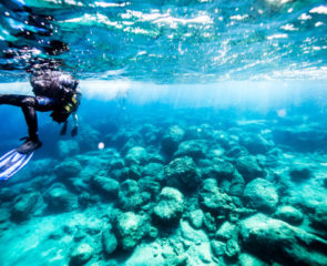 The shallow coral reefs of Turkey being explored by a scuba diver