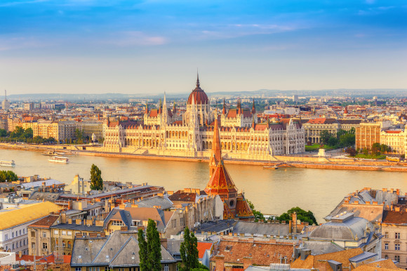 A view of Budapest with the Hungarian Parliament Building overlooking the Danube River
