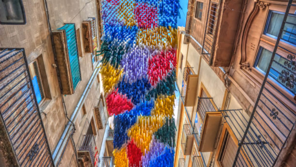Colourful ribbons aloft during a festival in Spain