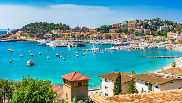 Village of Port de Soller looking out to the Mediterranean sea