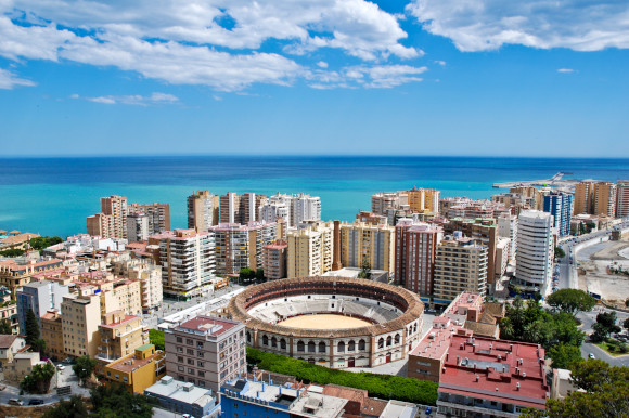 A view of Malaga city in Spain with the stunning Mediterranean Sea in the background