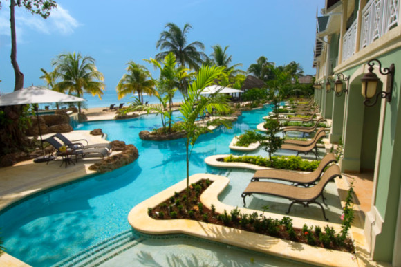 A row of swim-up suites in Sandals Negril Swim-Up Suites Jamaica