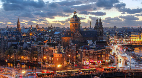 Sweeping panorama of the Dutch Capital of Amsterdam at night