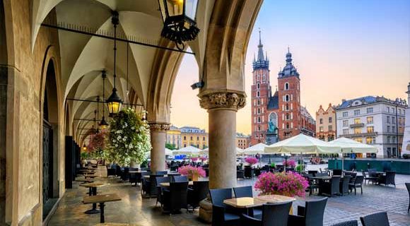 Panoramic shot of dining spot in Krakow Old Town