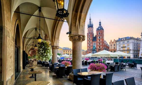 Panoramic shot of dining spot in Krakow Old Town