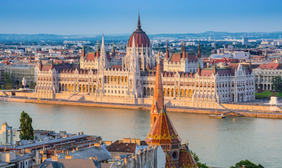 The Hungarian Parliament Building surrounded by the Danube River in Hungarian capital Budapest