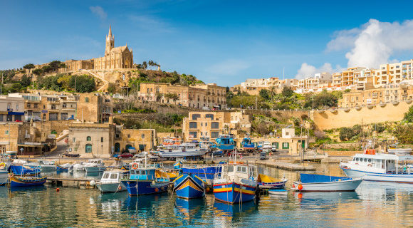 Sunny waterfront vistas of Mggar in Gozo, Malta