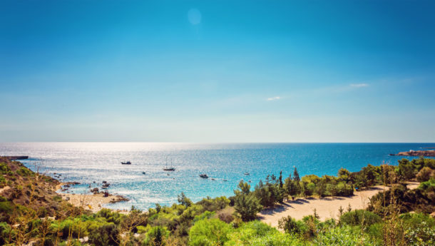 Sapphire blue waters at Konnas Beach in Cyprus