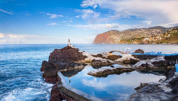 The therapeutic lava pools in Seixal in Madeira at dusk