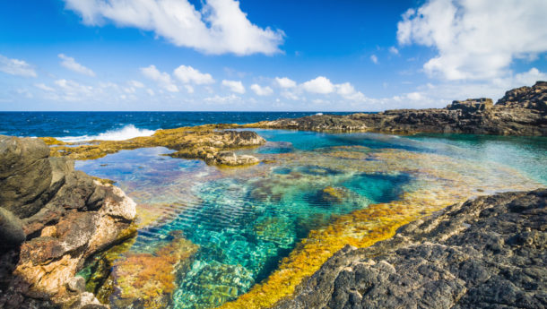 Incredible natural pool at the coastside of lanzarote in nature. Lanzarote. Canary Islands. Spain