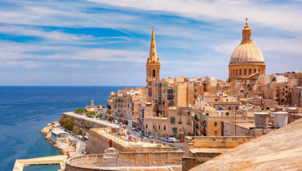 View from above of roofs and church of Our Lady of Mount Carmel and St. Paul's Anglican Pro-Cathedral, Valletta, Capital city of Malta