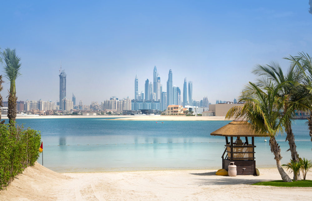 View from Jumeirah island with skyscrapers in the background