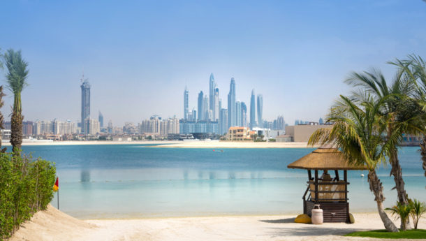 View from Jumeirah island with skyscrapers in the background