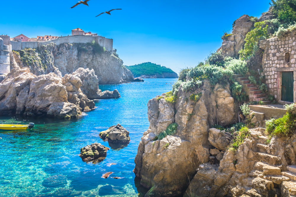 Adriatic sea bay Dubrovnik. / Marble hidden bay in old city center of famous town Dubrovnik, scenery of Game of Thrones, Croatia Europe travel resorts.