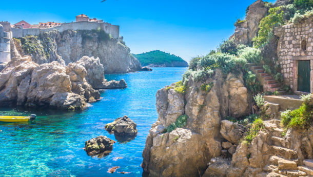 Adriatic sea bay Dubrovnik. / Marble hidden bay in old city center of famous town Dubrovnik, scenery of Game of Thrones, Croatia Europe travel resorts.