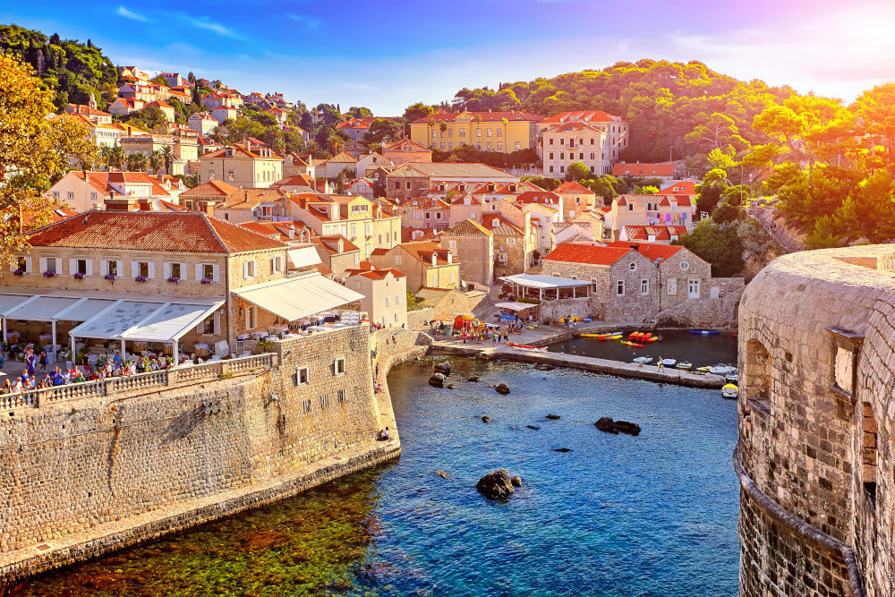 General view of Dubrovnik - Fortresses Lovrijenac and Bokar seen at sunset