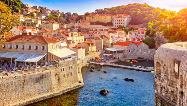 General view of Dubrovnik - Fortresses Lovrijenac and Bokar seen at sunset