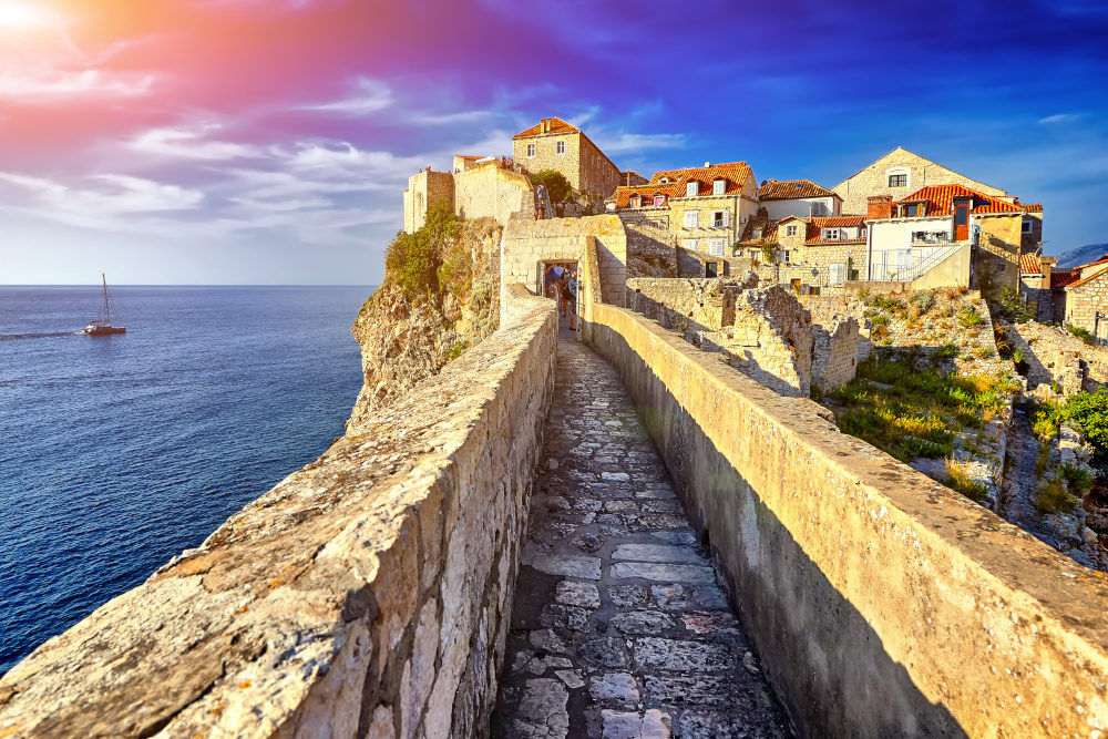 Dubrovnik City Walls at Sunset Overlooking the ocean