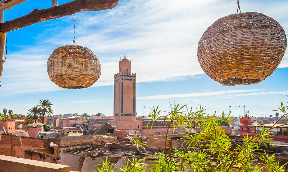 An elevated view of Marrakech from a rooftop located inside the Medina