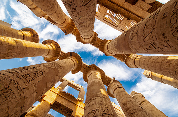 Upwards view of columns in Luxor Egypt