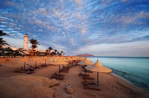 Beach with parasols in Sharm El Sheik Egypt