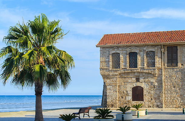 Medieval castle in Larnaca, Cyprus with beach view