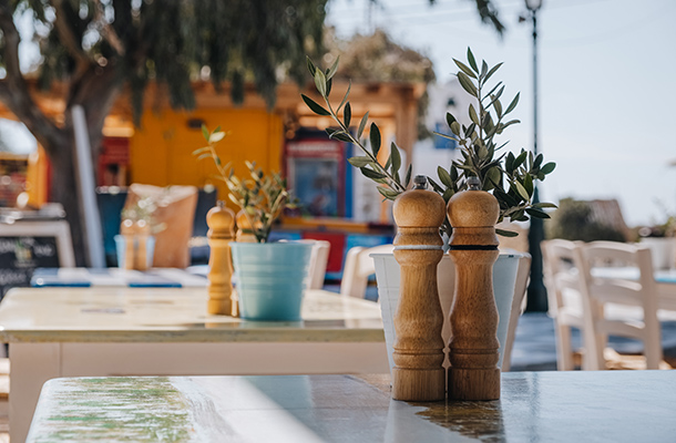 Dining table with salt and pepper pots in Mykonos