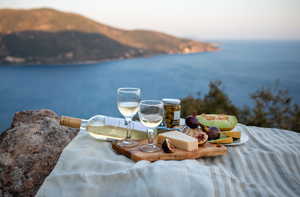 Picnic with view of ocean in Greece