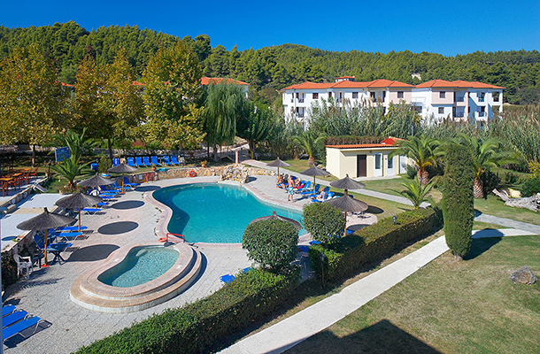 View of grounds and pool at Chrousso Village Halkidiki